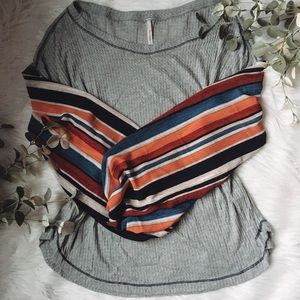 🌿trendy retro print puff sleeve waffle top 🌿